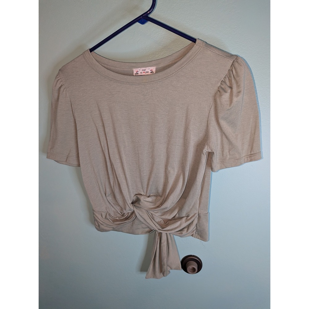 Poof New York‎ Womens Taupe Twist Front Puff Sleeve Back Tie Crop Top Large